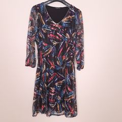 Sophie B Multicolor Abstract Feather Print Lace V-Neck A-Line Dress 18UK/46EU
