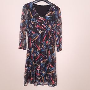 Sophie B Multicolor Abstract Feather Print Lace V-Neck A-Line Dress 18UK/46EU