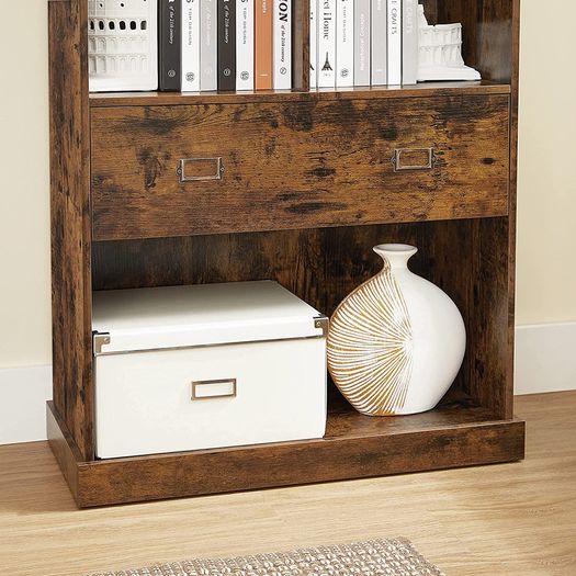 _Bookcase, with 4 levels, bookcase, standing shelf, with label holders and one drawer, for office, living room, bedroom, 67.5 x 30 x 120 cm, vintage brown