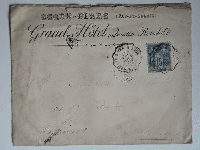 Stamp envelope. France 1889 Postal History Cover Berck-Plage Grand Hotel Lionroger Wax Seal Amiens. antique, 19th-century, mail, envelope, commerce, tourism, maritime, railway, train, transit, postmark, cancellation.