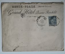 Stamp envelope. France 1889 Postal History Cover Berck-Plage Grand Hotel Lionroger Wax Seal Amiens. antique, 19th-century, mail, envelope, commerce, tourism, maritime, railway, train, transit, postmark, cancellation.
