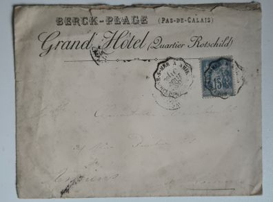 Stamp envelope. France 1889 Postal History Cover Berck-Plage Grand Hotel Lionroger Wax Seal Amiens. antique, 19th-century, mail, envelope, commerce, tourism, maritime, railway, train, transit, postmark, cancellation.