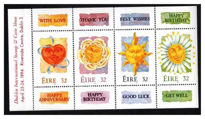 1994 Ireland Dublin Stamp and Card Show exhibition souvenir overprint on HP 64 (Greetings Commemorative Stamps booklet pane) Mint Never Hinged (MNH)