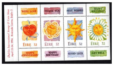 1994 Ireland Dublin Stamp and Card Show exhibition souvenir overprint on HP 64 (Greetings Commemorative Stamps booklet pane) Mint Never Hinged (MNH)