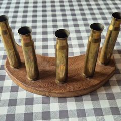 Unique Handcrafted Crescent Moon Wooden Display. Repurposed Brass Rifle Casings