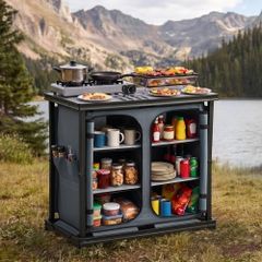 Folding Camping Storage Cabinet, Outdoor Portable Aluminum Lightweight Table, Quick Set-up Compact Kitchen Cook Station, with 6 Shelves and Carry Bag, for Picnic, BBQ, Camping, RV Traveling
