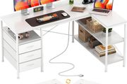 120cm Corner Desk with Drawers, Reversible L shaped Computer Desk with Power Outlet