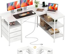 120cm Corner Desk with Drawers, Reversible L shaped Computer Desk with Power Outlet