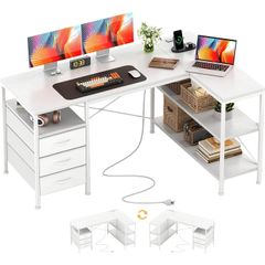 120cm Corner Desk with Drawers, Reversible L shaped Computer Desk with Power Outlet