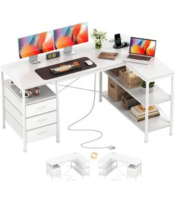 120cm Corner Desk with Drawers, Reversible L shaped Computer Desk with Power Outlet