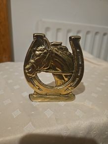Vintage Solid Cast Brass Horse Head & Horseshoe , 4" Equestrian Decor