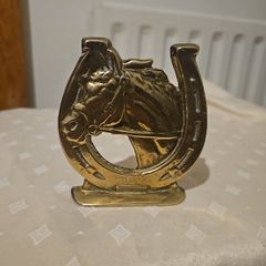 Vintage Solid Cast Brass Horse Head & Horseshoe , 4" Equestrian Decor