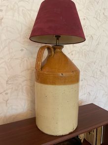 Unique rustic vintage table lamp crafted from a traditional stoneware flago