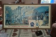 Large Vintage 1960s Pabst Blue Ribbon Framed Cardboard Advertising Showcard featuring a classic Beer horse-drawn delivery wagon