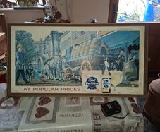 Large Vintage 1960s Pabst Blue Ribbon Framed Cardboard Advertising Showcard featuring a classic Beer horse-drawn delivery wagon