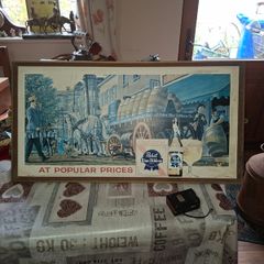 Large Vintage 1960s Pabst Blue Ribbon Framed Cardboard Advertising Showcard featuring a classic Beer horse-drawn delivery wagon