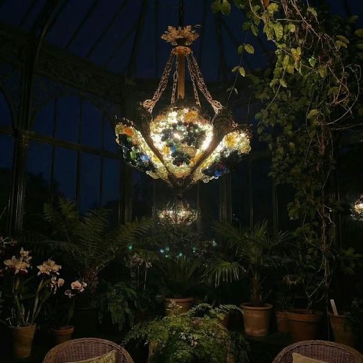 Large Old Brass and glass light with flowers and grapes