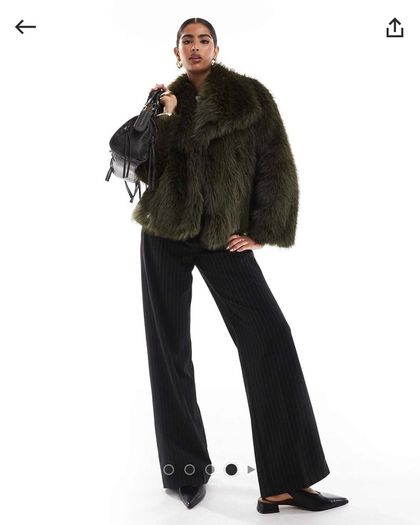 STRADIVARIUS Exaggerated Collar Detail Faux Fur Jacket Khaki Size S!