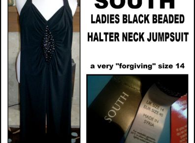South Ladies Black Beaded Halter Neck Wide Leg Jumpsuit--new With Original Tags