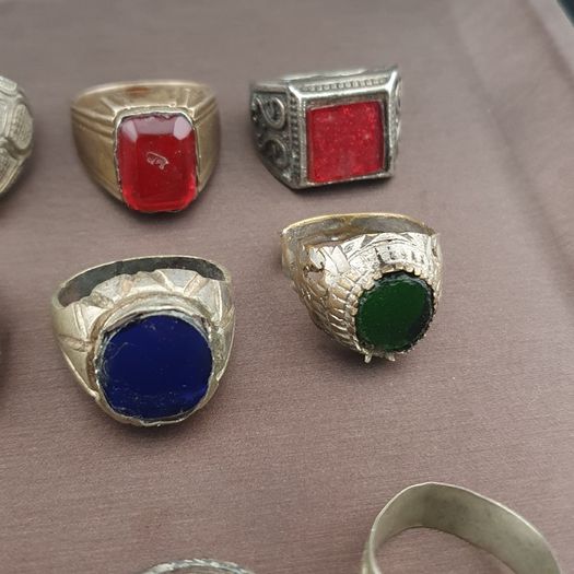 Antique Brass Rings Lot of 15 Mixed Gemstone & Glass Collectible Rings