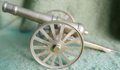 Vintage Brass Cannon with  barrel and brass wheels - Military History - 8"