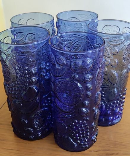 Set Of 5 Vintage Blue Fruit Embossed Design Tumblers / 5 glasses / Neiman Marcus / 1970s