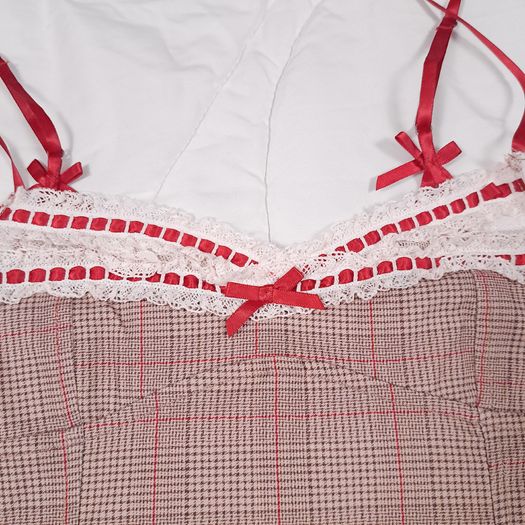 Kimchi Urban Outfitters Beige Red Plaid Lace Trim Bow Lexi Check Mini Dress Size M