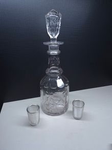 Victorian Cut Glass Decanter With Two Silver Mounted Shot Glasses