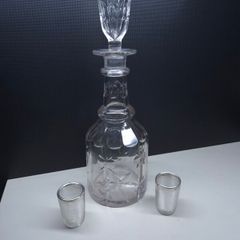 Victorian Cut Glass Decanter With Two Silver Mounted Shot Glasses