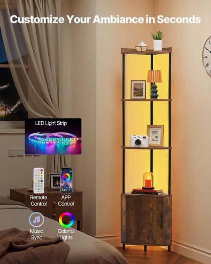 5 Tier Corner Shelf, Tall Corner Stand with LED Light and Doors, Wall Shelves Tower Storage Organizer, Metal Frame & Wooden Shelves