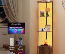 5 Tier Corner Shelf, Tall Corner Stand with LED Light and Doors, Wall Shelves Tower Storage Organizer, Metal Frame & Wooden Shelves