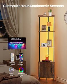 5 Tier Corner Shelf, Tall Corner Stand with LED Light and Doors, Wall Shelves Tower Storage Organizer, Metal Frame & Wooden Shelves