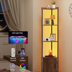 5 Tier Corner Shelf, Tall Corner Stand with LED Light and Doors, Wall Shelves Tower Storage Organizer, Metal Frame & Wooden Shelves