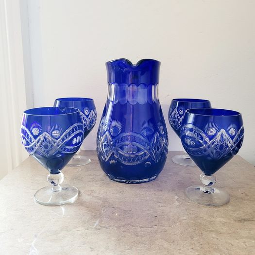 Bohemian Bristol blue cut glass jug & glasses