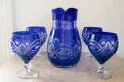 Bohemian Bristol blue cut glass jug &amp; glasses