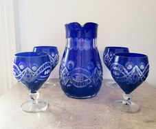 Bohemian Bristol blue cut glass jug & glasses