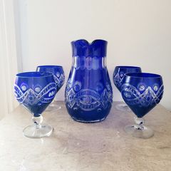 Bohemian Bristol blue cut glass jug & glasses