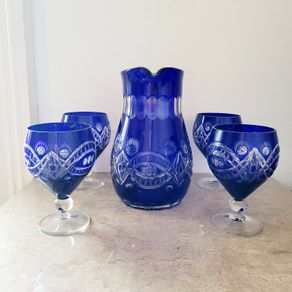 Bohemian Bristol blue cut glass jug & glasses