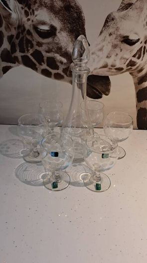 Vintage Irish made decanter and 6 glasses.
