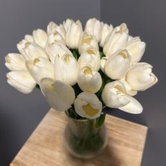 Beautiful real looking white faux tulip bouquet with vase