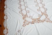 Hand Embroidered Lace Linen Tablecloth and 12 Napkins