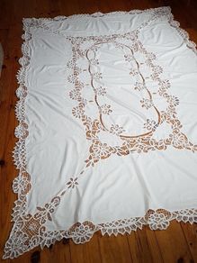 Hand Embroidered Lace Linen Tablecloth and 12 Napkins