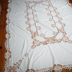 Hand Embroidered Lace Linen Tablecloth and 12 Napkins