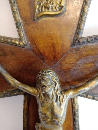 Large French Antique Wood and Brass Crucifix