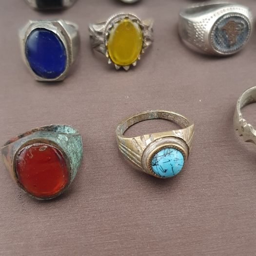 Antique Brass Rings Lot of 15 Mixed Gemstone & Glass Collectible Rings