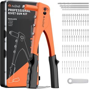 Rivet Gun Set, Pop Rivet Gun 100pcs Metal Rivets and 4pcs HSS Drill Bits, Hand Riveter with Storage Box