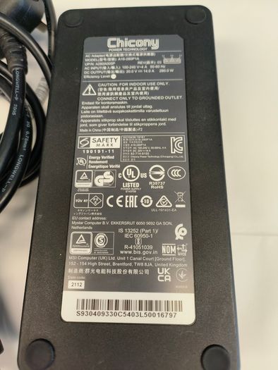 Genuine Chicony 20V 14A 280W AC Adapter A18-280P1A Charger For MSI Gaming Laptop/ Used