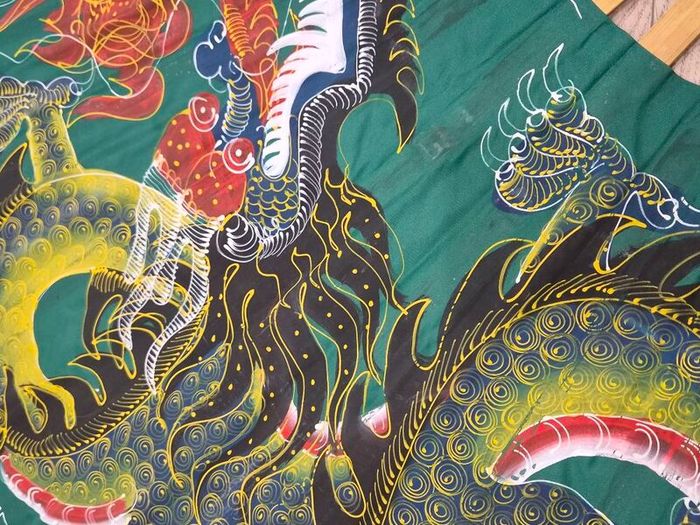Large Hand Painted Chinese Dragon Wall Fan 89cm Folding 165cm Open Bamboo Vintage