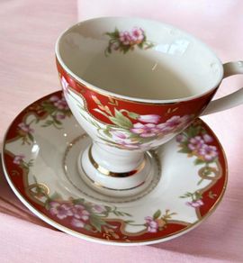 Stunning Porcelain Teacup and Saucer Set of 2 Red and Floral Design
