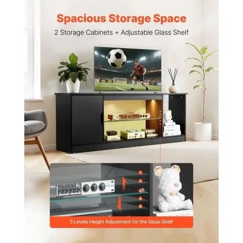 TV Stand for TVs up to 1651 mm, Modern Entertainment Center with Light Strip, Wooden TV Cabinet Storage with Glass Shelf and Adjustable Shelves, Console Table for Living Room and Bedroom, Black